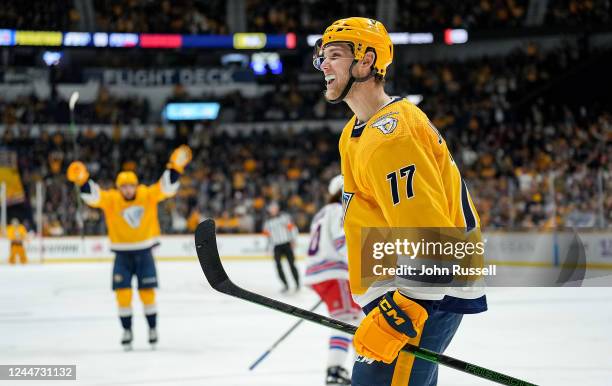 Mark Jankowski of the Nashville Predators celebrates his goal against the New York Rangers during an NHL game at Bridgestone Arena on November 12,...