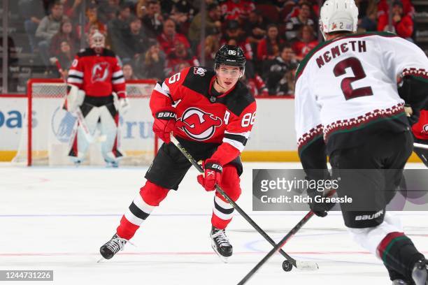 Jack Hughes of the New Jersey Devils skates in the third period of the game against the Arizona Coyotes on November 12, 2022 at the Prudential Center...