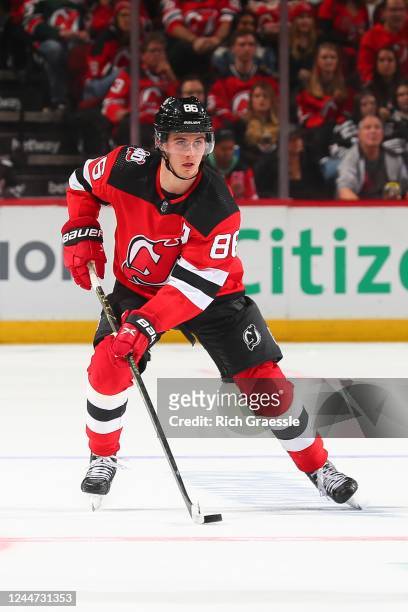 Jack Hughes of the New Jersey Devils skates in the third period of the game against the Arizona Coyotes on November 12, 2022 at the Prudential Center...