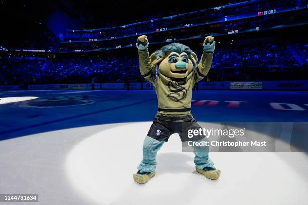 Seattle Kraken mascot Buoy poses for the camera during the first intermission of a game against the Minnesota Wild at Climate Pledge Arena on...