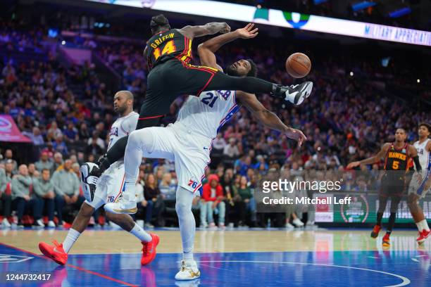 Griffin of the Atlanta Hawks dunks the ball against Joel Embiid of the Philadelphia 76ers in the second half of the game at the Wells Fargo Center on...