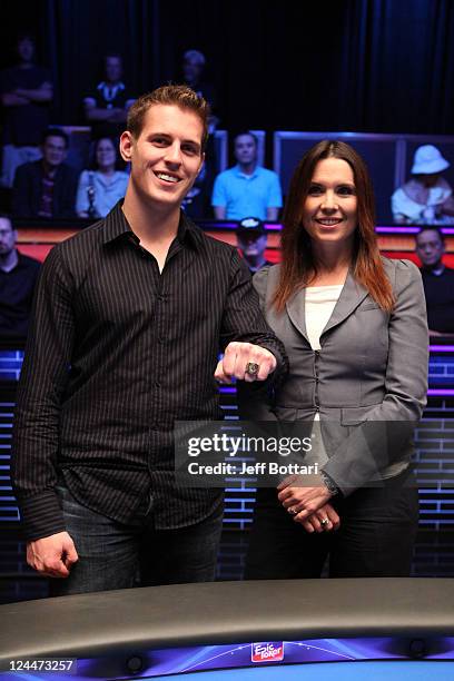 Annie Duke, Commisioner of the Epic Poker League, presents Mike McDonald with the Champion's ring after winning the second event of the Epic Poker...