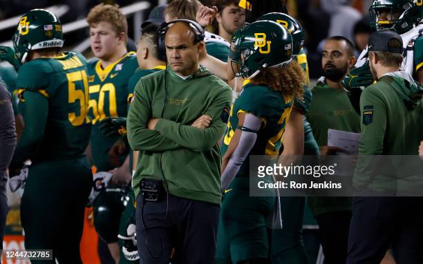 Head coach Dave Aranda of the Baylor Bears looks on during the second half of the game against the Kansas State Wildcats at McLane Stadium on...