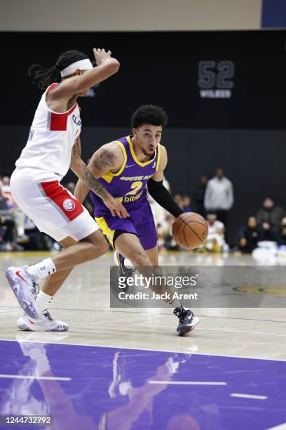 Scotty Pippen Jr. #2 of the South Bay Lakers dribbles the ball during the game against the Ontario Clippers on November 12, 2022 at UCLA Health...