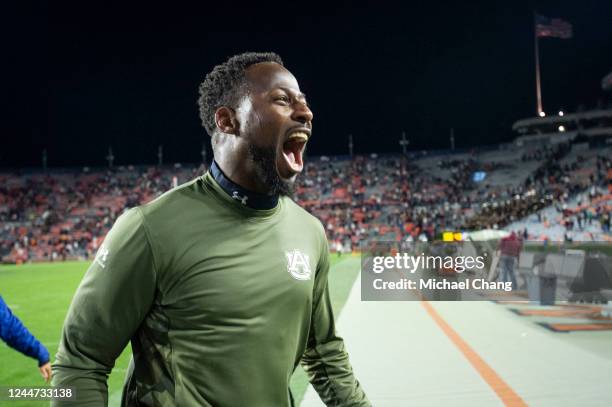 Interim head coach Carnell Williams of the Auburn Tigers celebrates after defeating the Texas A&M Aggies at Jordan-Hare Stadium on November 12, 2022...