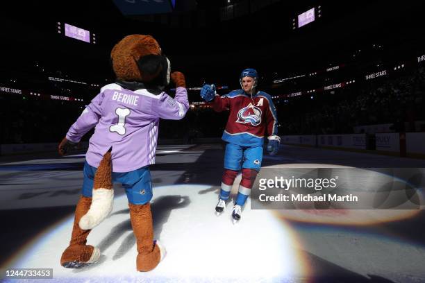 Mikko Rantanen of the Colorado Avalanche is recognized as a star of the game against the Carolina Hurricanes at Ball Arena on November 12, 2022 in...