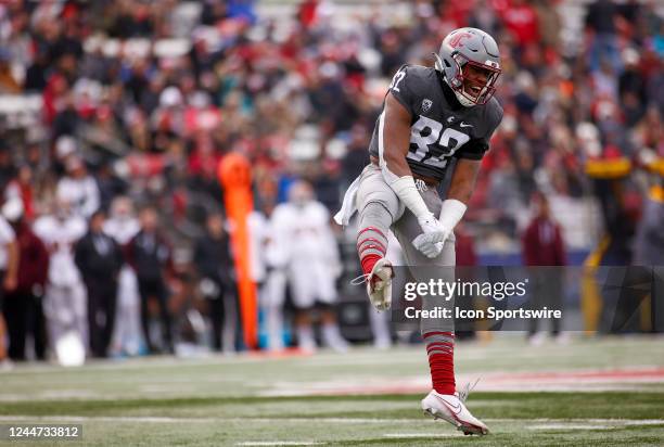 Washington State Cougars linebacker Travion Brown celebrates after a big defensive play during the game between the Washington State Cougars and the...