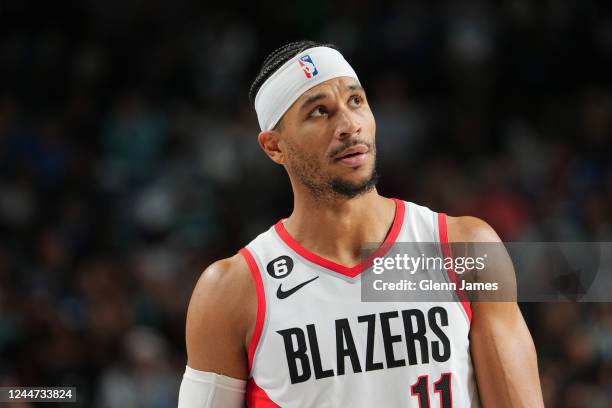 Josh Hart of the Portland Trail Blazers looks on during the game against the Dallas Mavericks on November 12, 2022 at the American Airlines Center in...