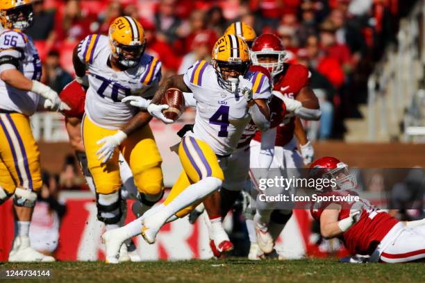 Tigers running back John Emery Jr. Runs with the football during the college football game between the LSU Tigers and Arkansas Razorbacks on November...