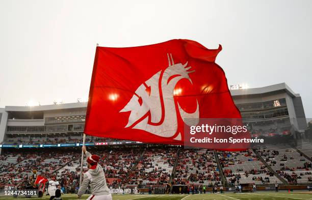 Washington State Cougars cheerleader flies the WSU flag during the game between the Washington State Cougars and the Arizona State Sun Devils on...