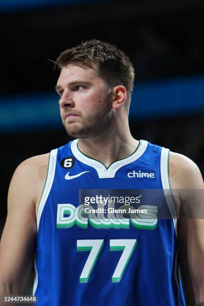 Luka Doncic of the Dallas Mavericks looks on during the game against the Portland Trail Blazers on November 12, 2022 at the American Airlines Center...