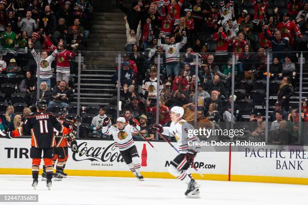 Max Domi and Connor Murphy of the Chicago Blackhawks celebrate a third-period goal scored by Jarred Tinordi against the Anaheim Ducks during the game...