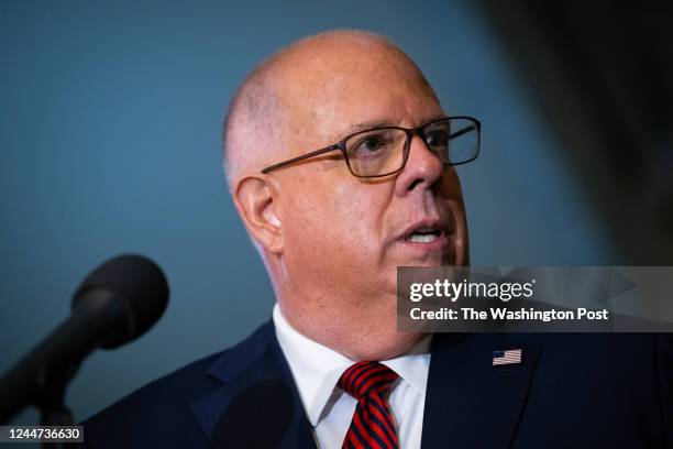 Maryland Governor Larry Hogan speaks to media during a press conference after meeting with Governor-elect Wes Moore, at the Maryland State House, on...