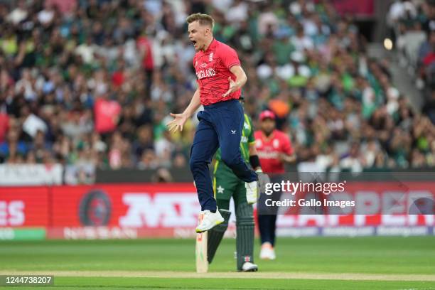Sam Curran of England celebrates the wicket of the Muhammad Rizwan of Pakistan during the ICC Men's T20 World Cup final match between Pakistan and...