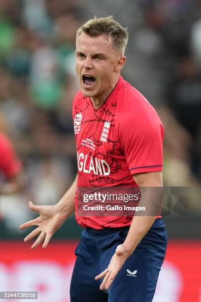 Sam Curran of England celebrates the wicket of the Muhammad Rizwan of Pakistan during the ICC Men's T20 World Cup final match between Pakistan and...