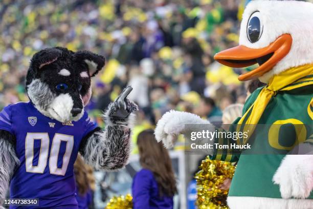 The mascots of the Oregon Ducks and the Washington Huskies cheer on the sidelines during the first half at Autzen Stadium on November 12, 2022 in...