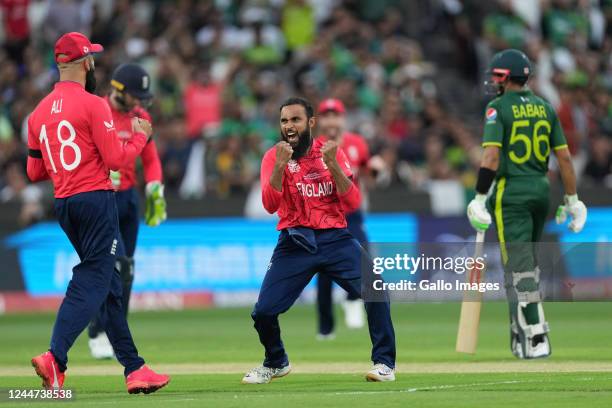 Adil Rashid of England celebrates the wicket of the Mohammad Haris of Pakistan during the ICC Men's T20 World Cup final match between Pakistan and...