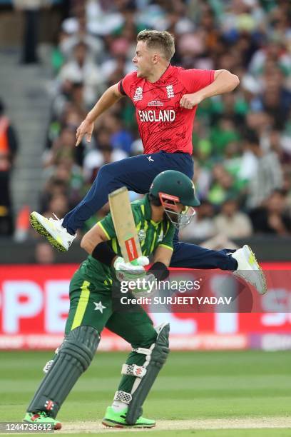 England's Sam Curran celebrates his wicket of Pakistan's Muhammad Rizwan during the ICC men's Twenty20 World Cup 2022 cricket final match between...