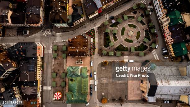 Drone view of the Christmas Market of Asiago, Italy, on November 12, 2022. -Asiago is a minor township in the surrounding plateau region in the...