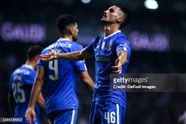 Stephen Eustaquio of FC Porto celebrates after scoring his team's second goal during the Liga Portugal Bwin match between Boavista and FC Porto at...