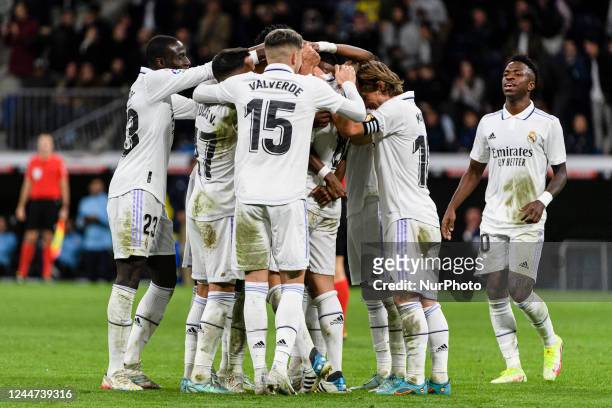 Toni Kroos of Real Madrid Cf celebrating his goal with his teammates during a match between Real Madrid v Cadiz CF as part of LaLiga in Madrid,...