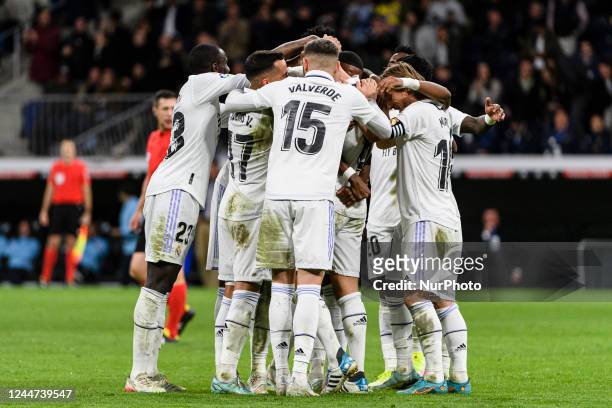 Toni Kroos of Real Madrid Cf celebrating his goal with his teammates during a match between Real Madrid v Cadiz CF as part of LaLiga in Madrid,...