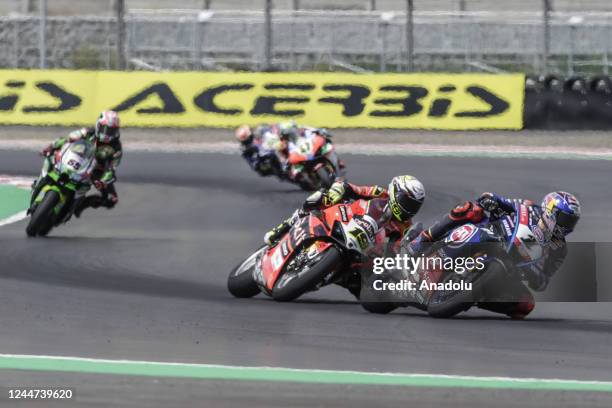 Turkish superbike rider Toprak Razgatlioglu of Pata Yamaha With Brixx and Spanish rider Alvaro Bautista of Aruba.it Ducati compete during Race 2 of...