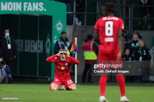 David Raum of RB Leipzig gestures during the Bundesliga match between SV Werder Bremen and RB Leipzig at Wohninvest Weserstadion on November 12, 2022...