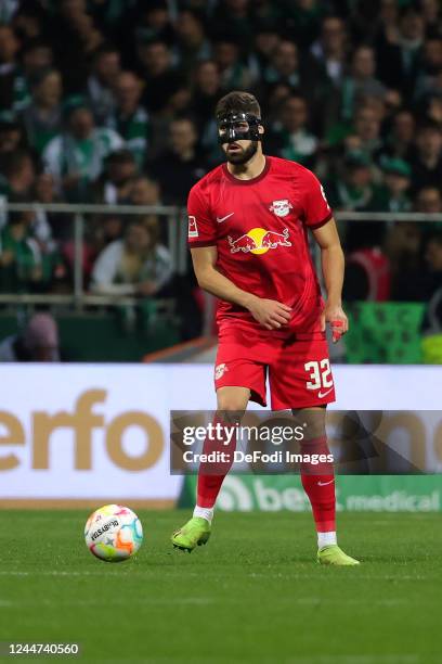 Josko Gvardiol of RB Leipzig controls the Ball during the Bundesliga match between SV Werder Bremen and RB Leipzig at Wohninvest Weserstadion on...