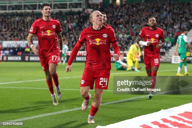 Xaver Schlager of RB Leipzig celebrates after his goal to 1:2 during the Bundesliga match between SV Werder Bremen and RB Leipzig at Wohninvest...