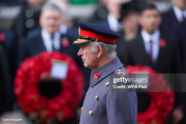 King Charles III attends the Remembrance Sunday ceremony at the Cenotaph on Whitehall on November 13, 2022 in London, England.