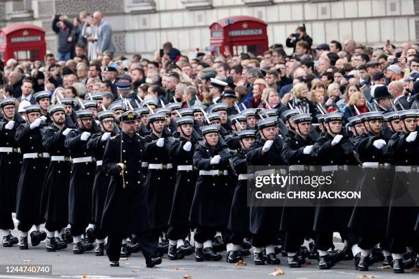 Members of the Royal Navy march along Whitehall during the Remembrance Sunday ceremony at the Cenotaph on Whitehall in central London, on November...