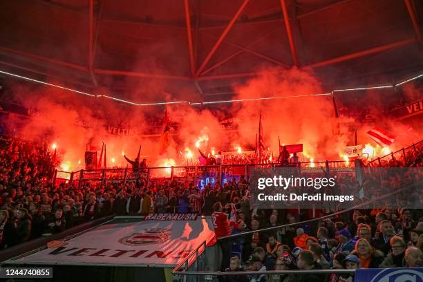 Fans of FC Bayern Muenchen ignite pyrotechnics around fan block during the Bundesliga match between FC Schalke 04 and FC Bayern München at...