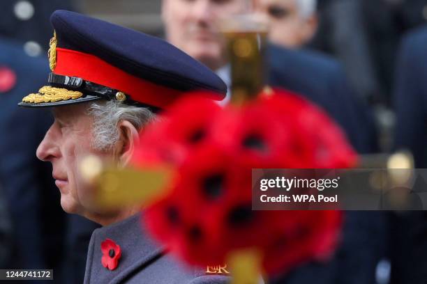 King Charles III attends the Remembrance Sunday ceremony at the Cenotaph on Whitehall on November 13, 2022 in London, England.