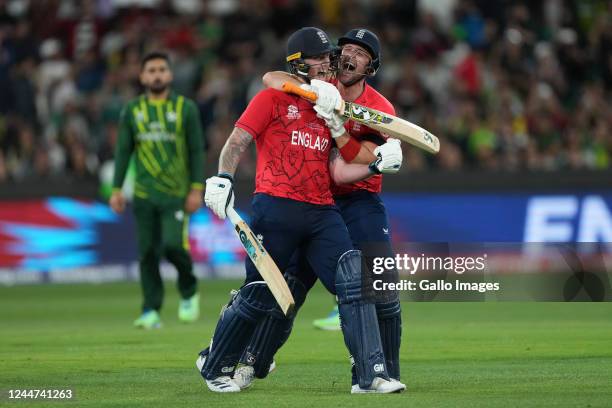 Ben Stokes and Liam Livingstone of England celebrates the win during the ICC Men's T20 World Cup final match between Pakistan and England at...