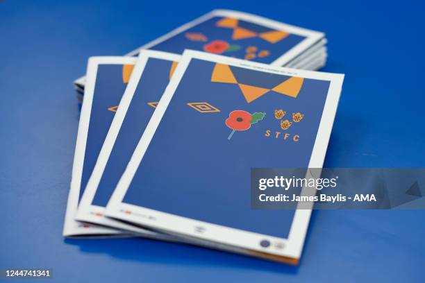 Shrewsbury Town programme in the dressing room with a Remembrance poppy on before the Sky Bet League One between Bristol Rovers and Fleetwood Town at...