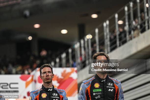 Thierry Neuville of Belgium and Martijn Wydaeghe of Belgium and Hyundai celebrate their success in the final overall during Day4 of the FIA World...