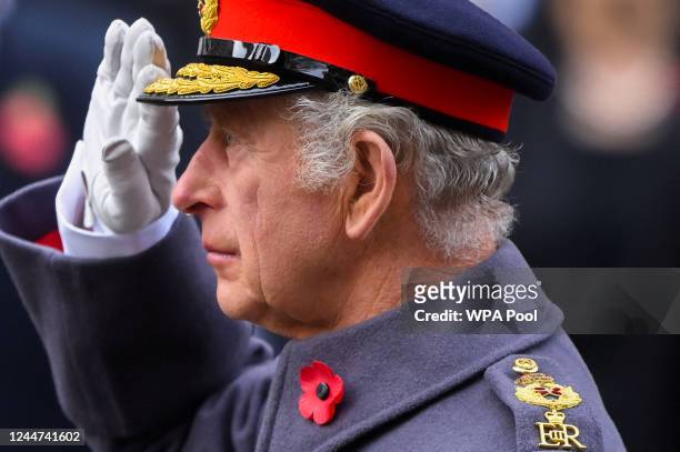 King Charles III attends the Remembrance Sunday ceremony at the Cenotaph on Whitehall on November 13, 2022 in London, England.