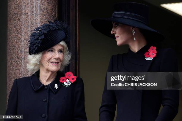 Britain's Camilla, Queen Consort and Britain's Catherine, Princess of Wales attend the Remembrance Sunday ceremony at the Cenotaph on Whitehall in...