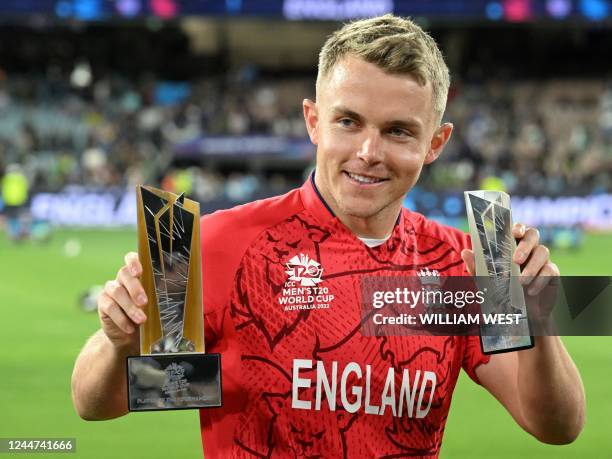 England's Sam Curran poses with his player of the tournament award the ICC men's Twenty20 World Cup 2022 final cricket match England and Pakistan at...