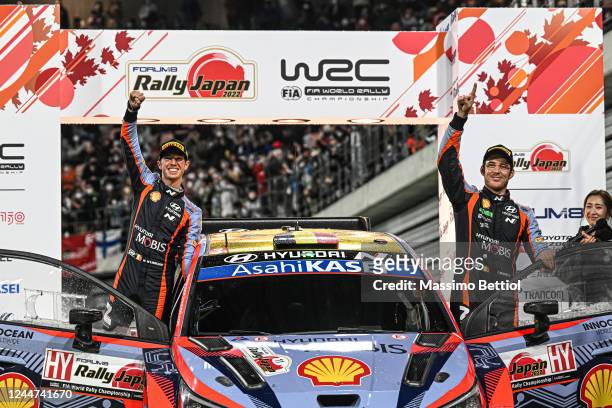 Thierry Neuville of Belgium and Martijn Wydaeghe of Belgium and Hyundai celebrate their success in the final overall during Day4 of the FIA World...