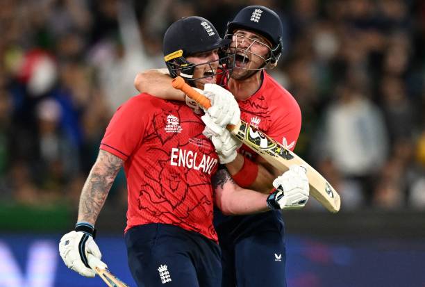 England's Ben Stokes and teammate Liam Livingstone celebrate after victory in the ICC men's Twenty20 World Cup 2022 final cricket match England and...