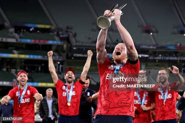 England's Ben Stokes celebrates with the trophy during the ICC men's Twenty20 World Cup 2022 Final between Pakistan and England at Melbourne Cricket...