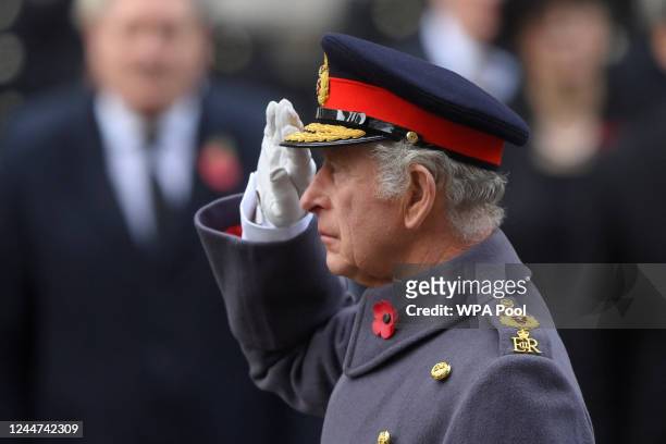 King Charles III attends the Remembrance Sunday ceremony at the Cenotaph on Whitehall on November 13, 2022 in London, England.