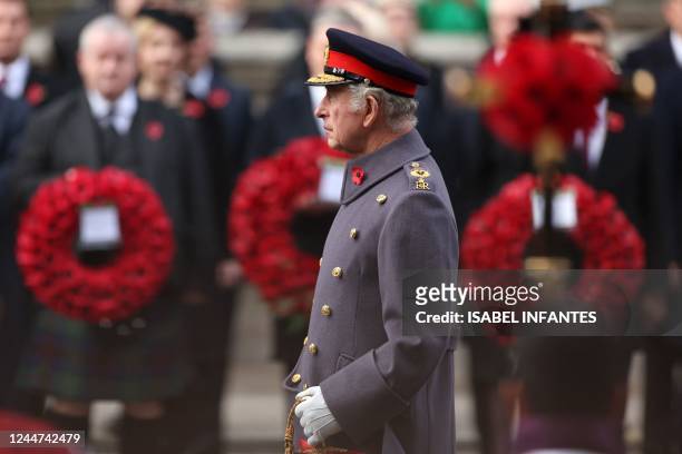 Britain's King Charles III attends the Remembrance Sunday ceremony at the Cenotaph on Whitehall in central London, on November 13, 2022. Remembrance...