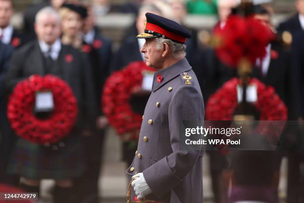 Britain's King Charles III attends the Remembrance Sunday ceremony at the Cenotaph on Whitehall on November 13, 2022 in London, England.