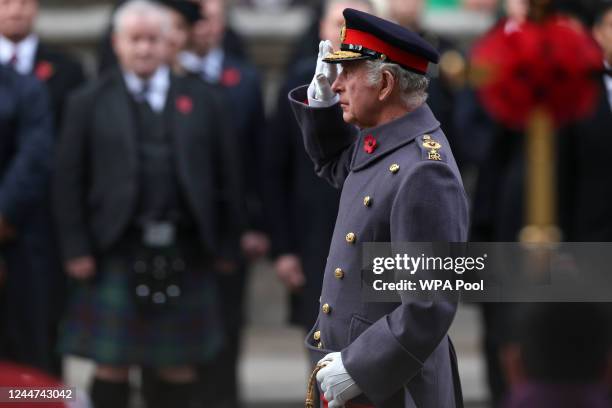 Britain's King Charles III attends the Remembrance Sunday ceremony at the Cenotaph on Whitehall on November 13, 2022 in London, England.