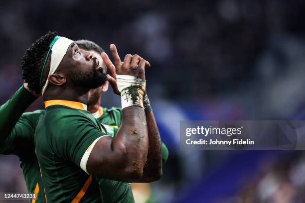 Siya KOLISI of South Africa celebrate his try during the Autumn International match between France and South Africa at Orange Velodrome on November...