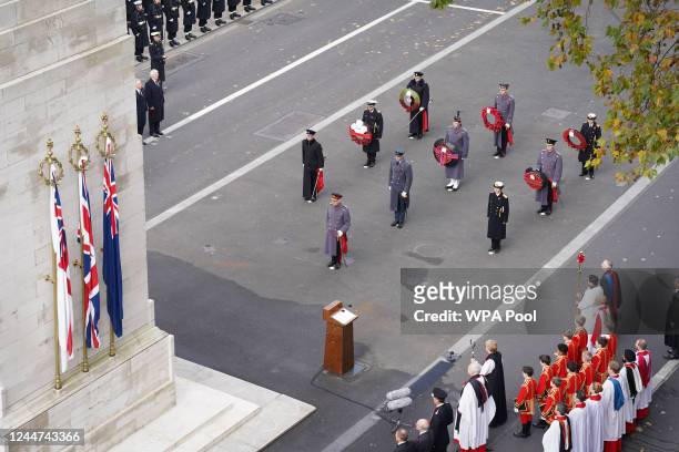 King Charles III, Prince Edward, Earl of Wessex, Prince William, Prince of Wales and Princess Anne, Princess Royal attend the Remembrance Sunday...