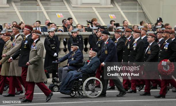 Veterans march along Whitehall during the Remembrance Sunday ceremony at the Cenotaph on Whitehall on November 13, 2022 in London, England.